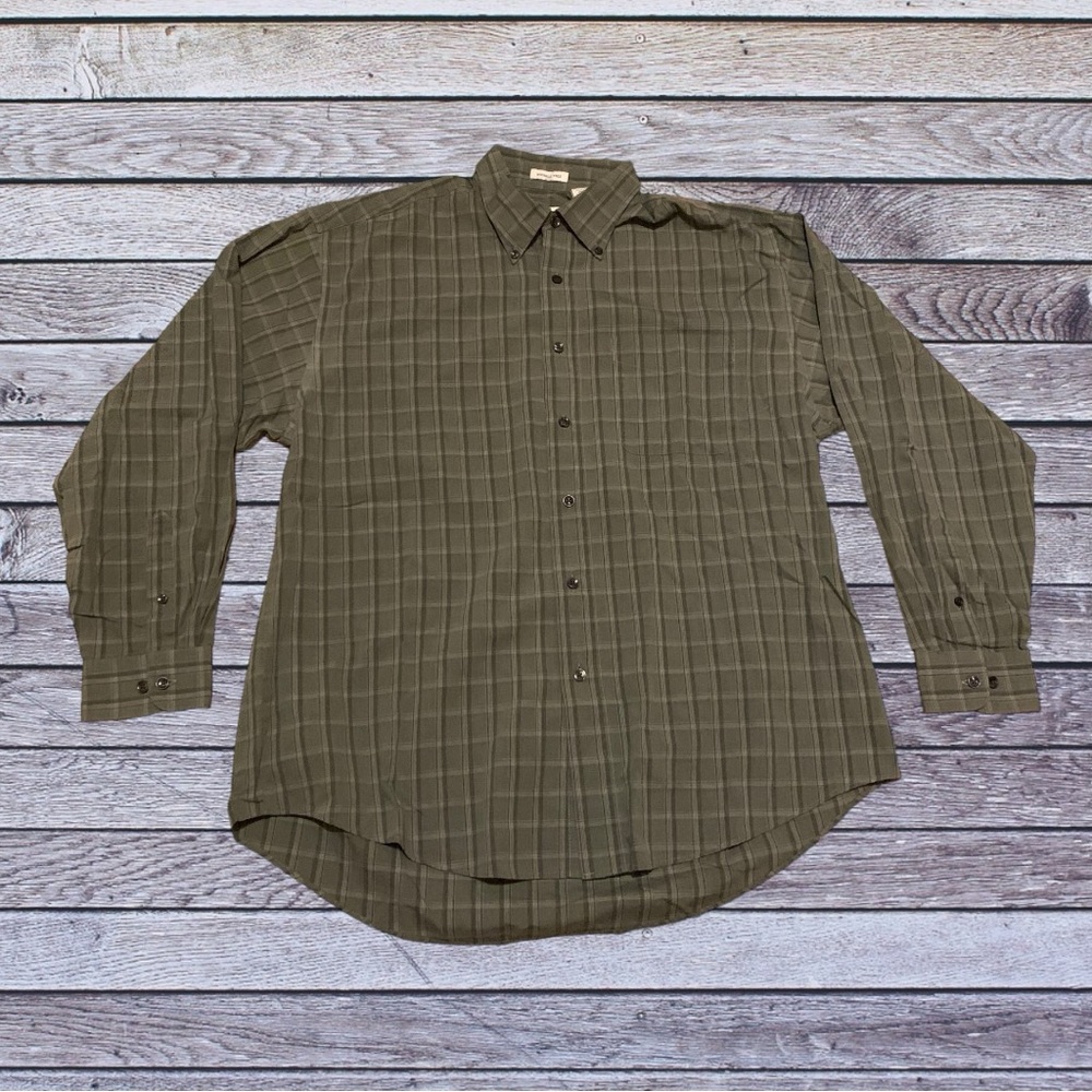 Vintage Van Heusen Army Green Plaid Button Up Down Shirt Dress Casual Work